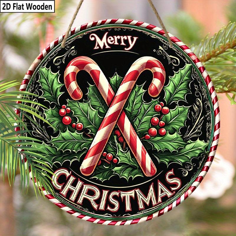 2D Flat 1pc Christmas ‘'Cane Sugar Greens’' Logo Wooden Sign Decoration, Front Door Embossed Effect Wall Decoration, Suitable for Home, Garden Patio