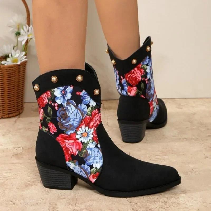 2024 Hot Sale Women's Shoes Slip-on Women's Boots Fashion Printing Modern Boots Women Sexy Pointed Toe Rivet Mid-Calf Boots