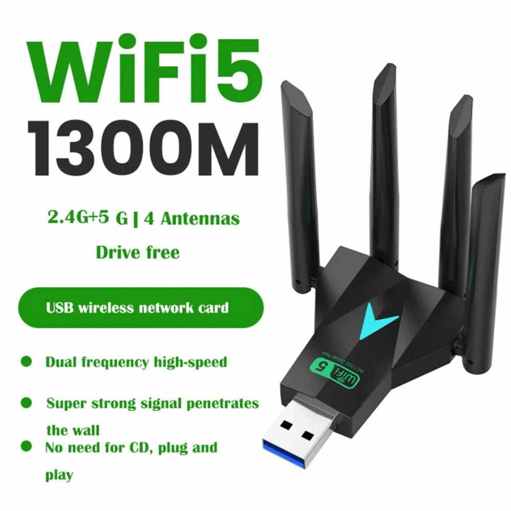 4 Antenna Design 1300Mbps WiFi Dongle Wireless Network Card  For Computer/PC/Tablet