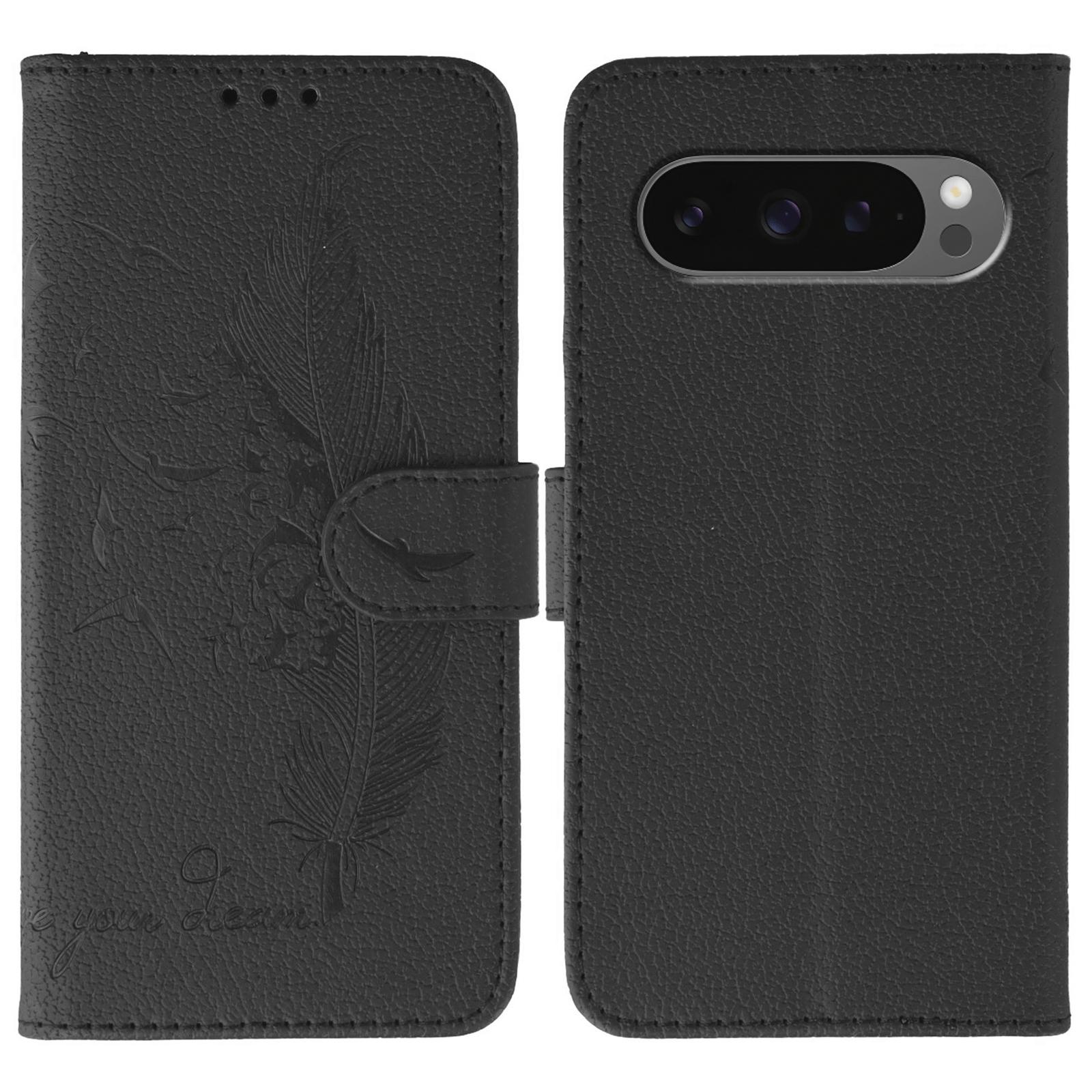 

For Google Pixel 10 Pro XL/9 Pro XL Case Feather Imprint PU Leather Wallet Phone Cover Black