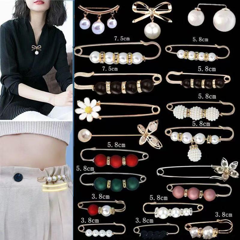 Adjustable Pearl Brooch Set for Waist Tightening and Clothes Fixing