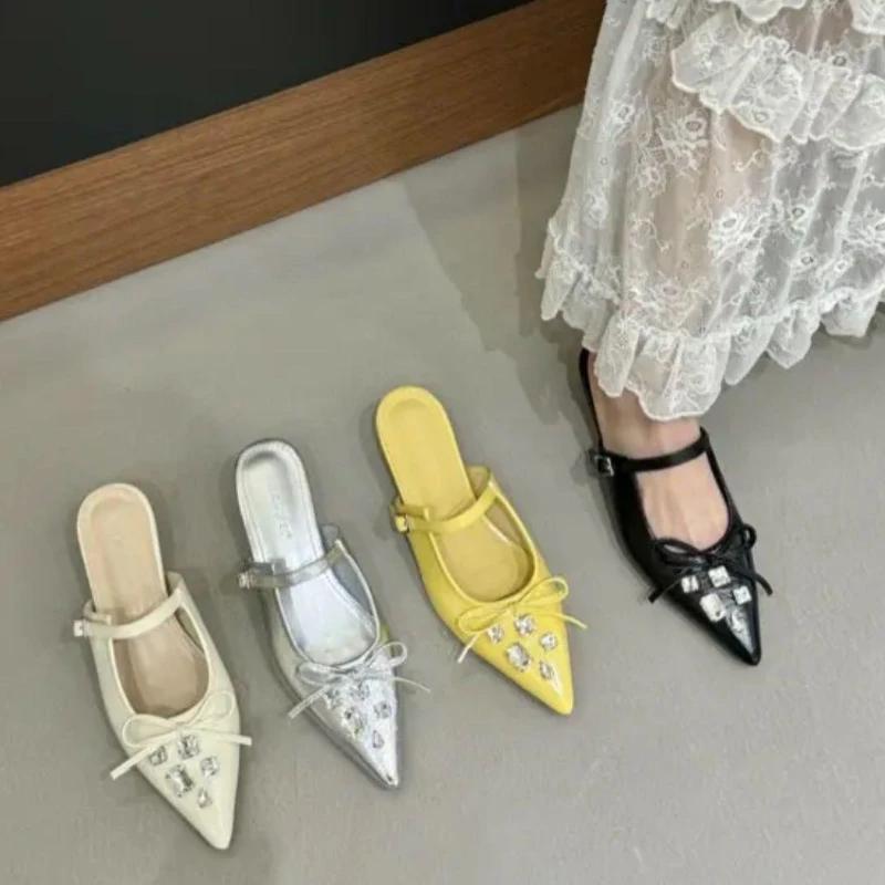 Luxury Crystal Women Flats Slippers Bow Pointed Toe Elegant Mules Shoes 2025 Summer Fashion Flip Flops Slides Sandalias Mujer