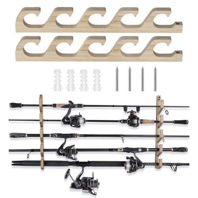 2Pcs Wall Mount Fishing Rod Holder 5 Slots Heavy Duty Wooden Horizontal