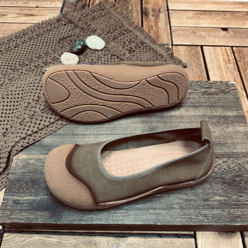 Spring Genuine Leather Women's Single Shoes with Round Toe, Shallow Mouth Flat Bottom Soft Sole and Soft Surface