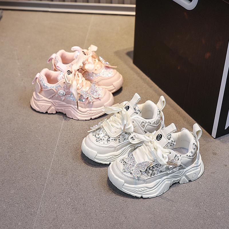 Girls' Sports Shoes Anti Slip Soft Sole Sequin Shinny Butterfly Cute Tennis Running Shoes Princess Shoes Baby Girls
