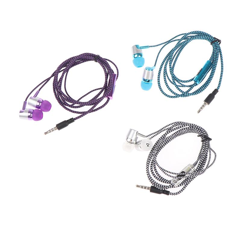 1Pc Stereo Earbuds Earphone Wired Nylon Weave Cable Earphone Headset With Mic