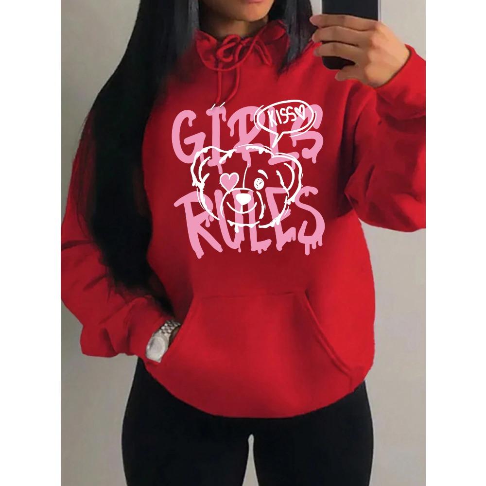 Girls Rules Pink Kiss Cartoon Love Bear Design Women Hoodies Autumn Y2K Hoody Casual Sportswear Fleece Clothes