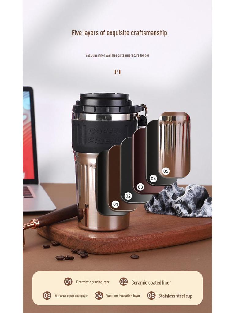 Portable Insulated Ceramic Liner Coffee Cup with Straw - Unisex Light Luxury Style for Office and Car