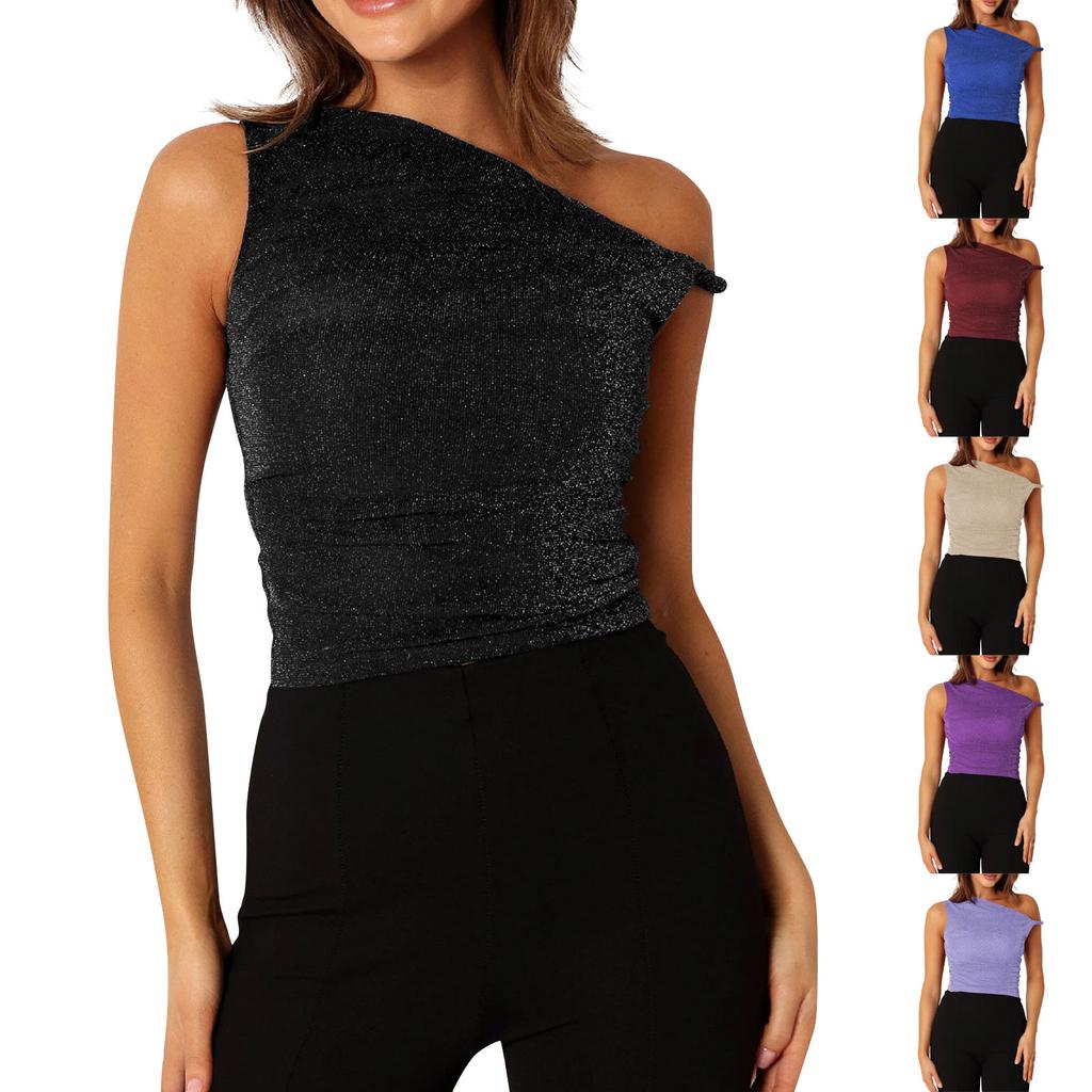 One Shoulder Sexy Tank Top Premium Sense Women's Short Slim Slim Top Bottom Shirt