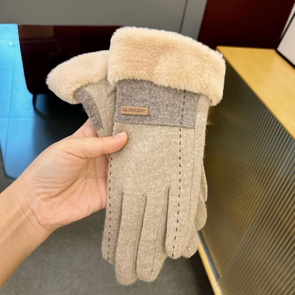 Women's Wool Warm Gloves for Autumn and Winter Korean Style Fashion Touch Screen Plus Velvet Thickened Riding Color Blocking Cold Hair Sticker Label