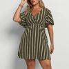 Mode Kurzarm Gestreift V-Ausschnitt Große Größe Kleid Elegante Damen Hohe Taille Lose Lässig A-Linie Party Kurzes Böhmisches Kleid Weibliche Damenbekleidung