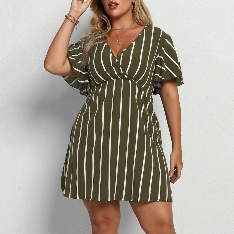 Mode Kurzarm Gestreift V-Ausschnitt Große Größe Kleid Elegante Damen Hohe Taille Lose Lässig A-Linie Party Kurzes Böhmisches Kleid Weibliche Damenbekleidung