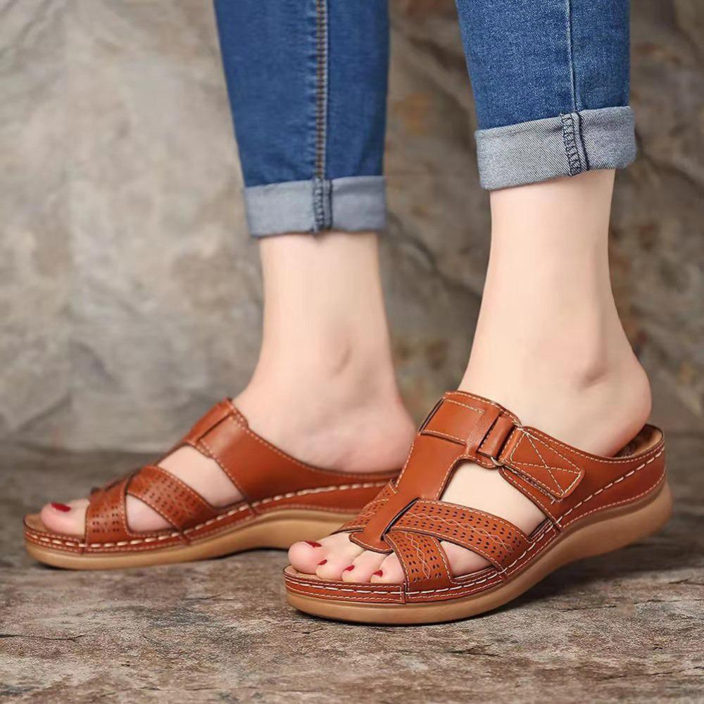 Women's Plus Size Retro Wedge Heel Leather Slippers - One-Strap, Thick Sole, Summer Casual