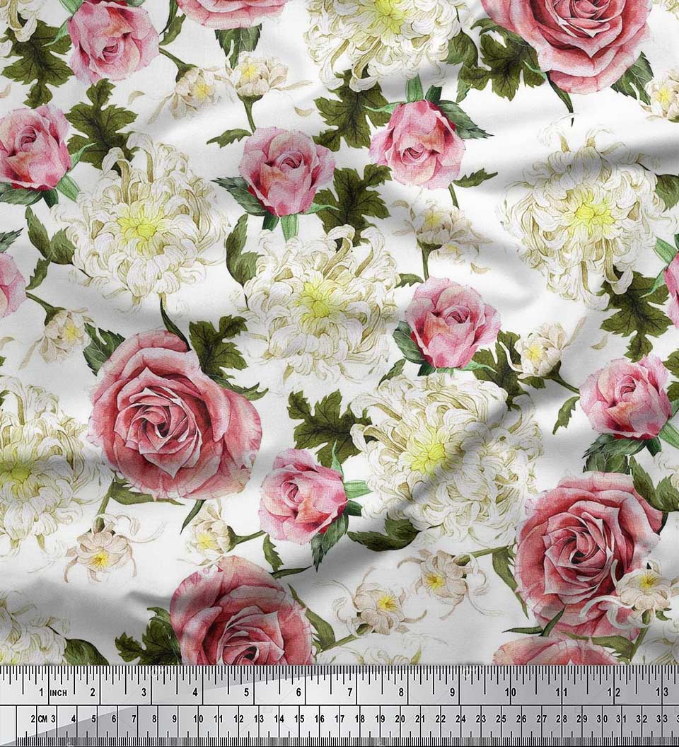 

Тканина Soimoi Japan Crepe Satin Leaves, Chrysanthemum & Rose Print Тканина на метри 42 дюйма 42 Inch Wide - Poly Crepe білий