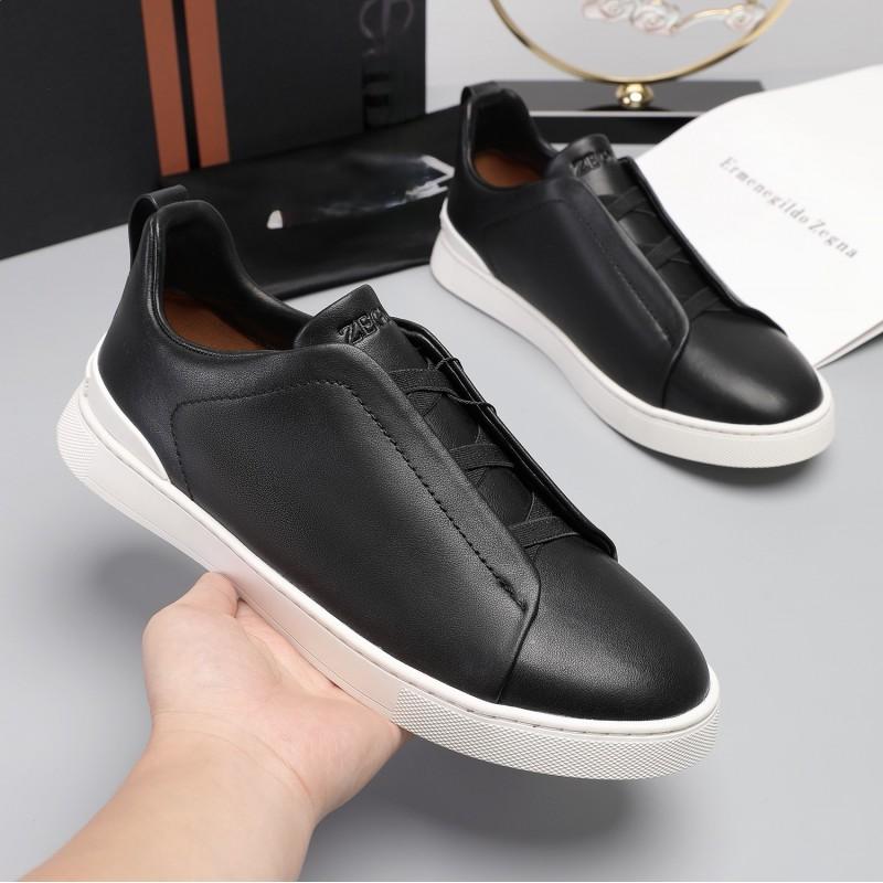 Mens Genuine Leather Slip-On Casual Sneakers Low-Cut Breathable Lightweight Comfortable Everyday Shoes