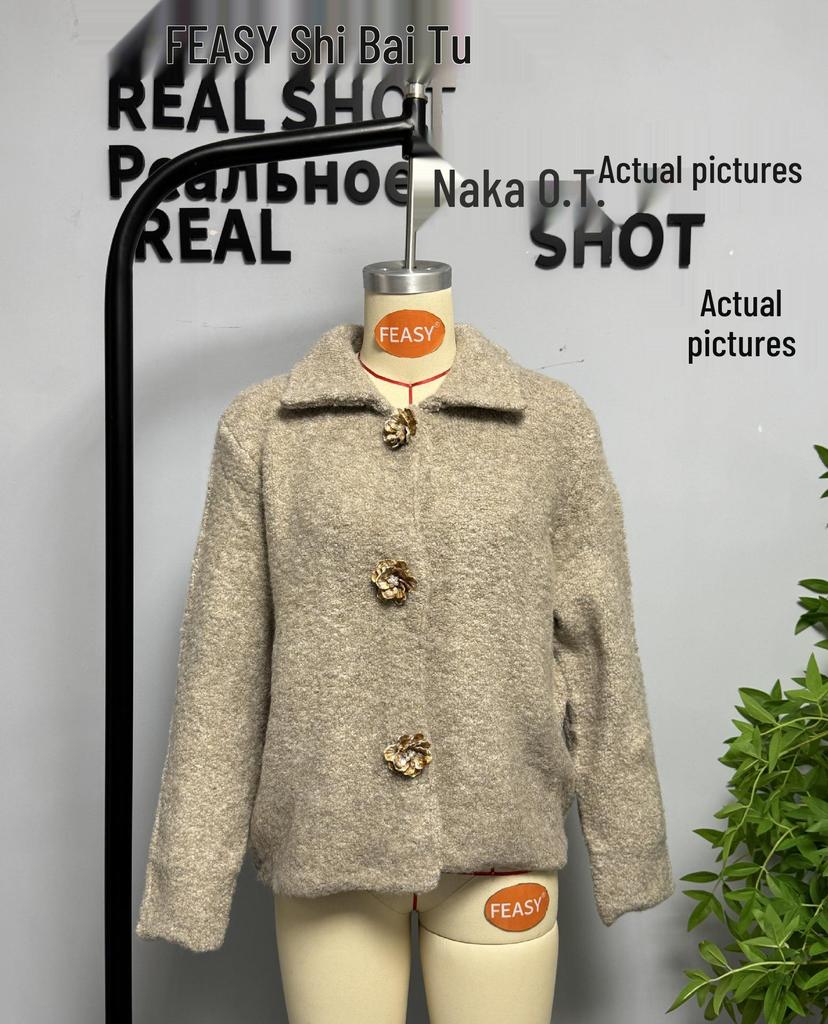 European & American Style Faux Fur Flower Button Knit Cardigan for Women