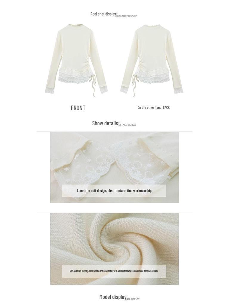 Korean Lace Trim Plush Base Layer Slim Top for Women - Autumn/Winter Long Sleeve