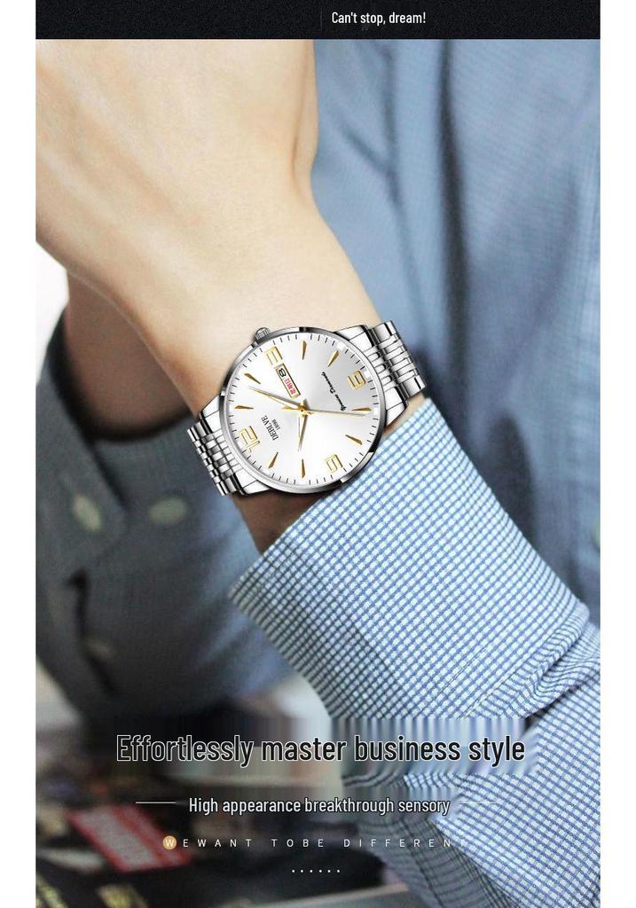 Men's Ultra-Thin Luminous Waterproof Alloy Wristwatch with English-Chinese Calendar and Solid Steel Band