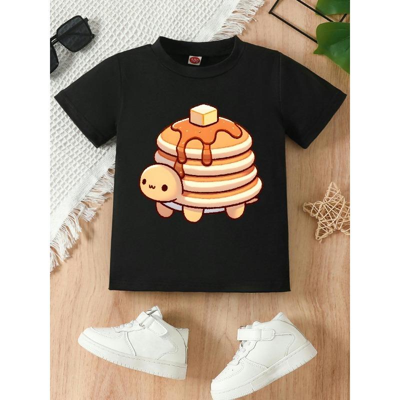 

European sizes Girls Soft Stretch Summer Turtle Tee - Cute Cartoon Turtle Cake Print Round Neck T-Shirt Suitable for Casual Attire & Parties 98cm чёрный