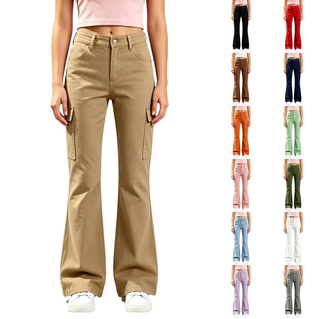 Girls Bell Bottom Pants Flared Leg Casual Color with Pockets for Big Kids