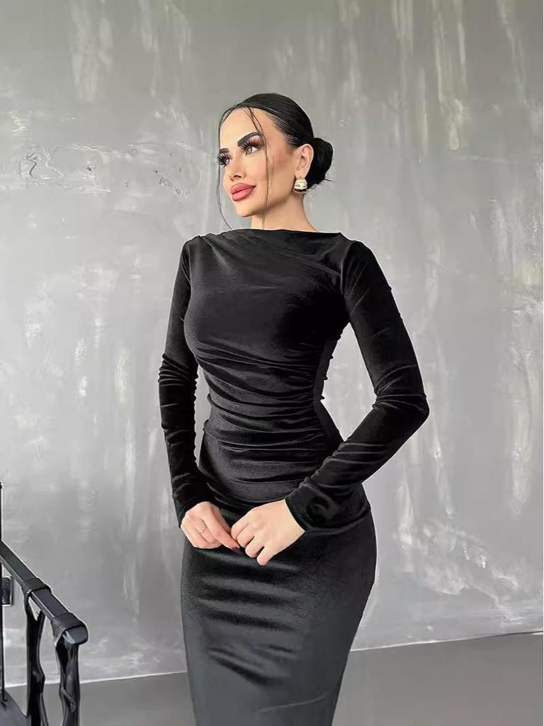 Damen Slim Fit Plissee Langarmkleid Herbst/Winter 2026, Einfarbig, Rundhals.