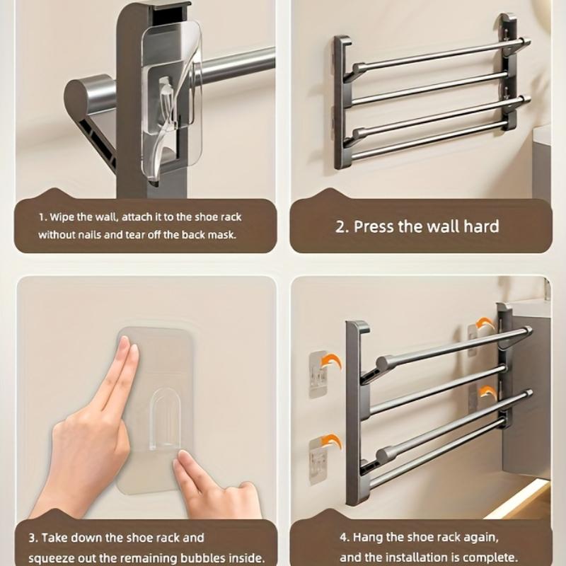2-Tier Aluminum Wall-Mounted Shoe Rack - Space-Saving, No-Drill Bathroom Shoe Organizer for Slippers, Bathroom Organizers