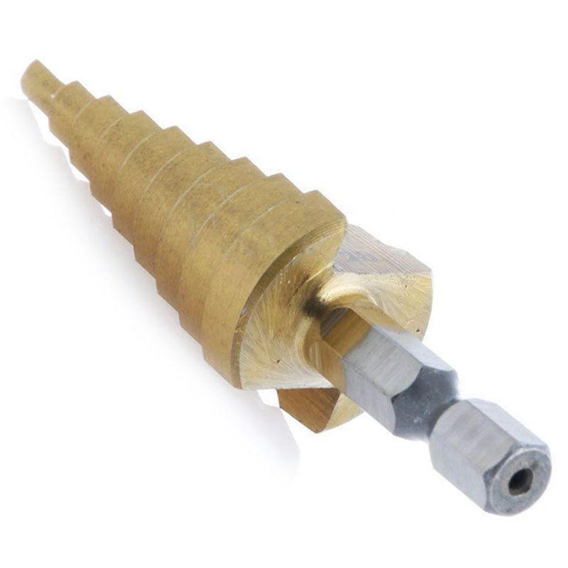 A84E-9 Pcs High-Speed Steel Step Drill Bit Set Power Tools Cone Titanium Coated Metal Hole Cutter 1/4 Inch Hex Shank