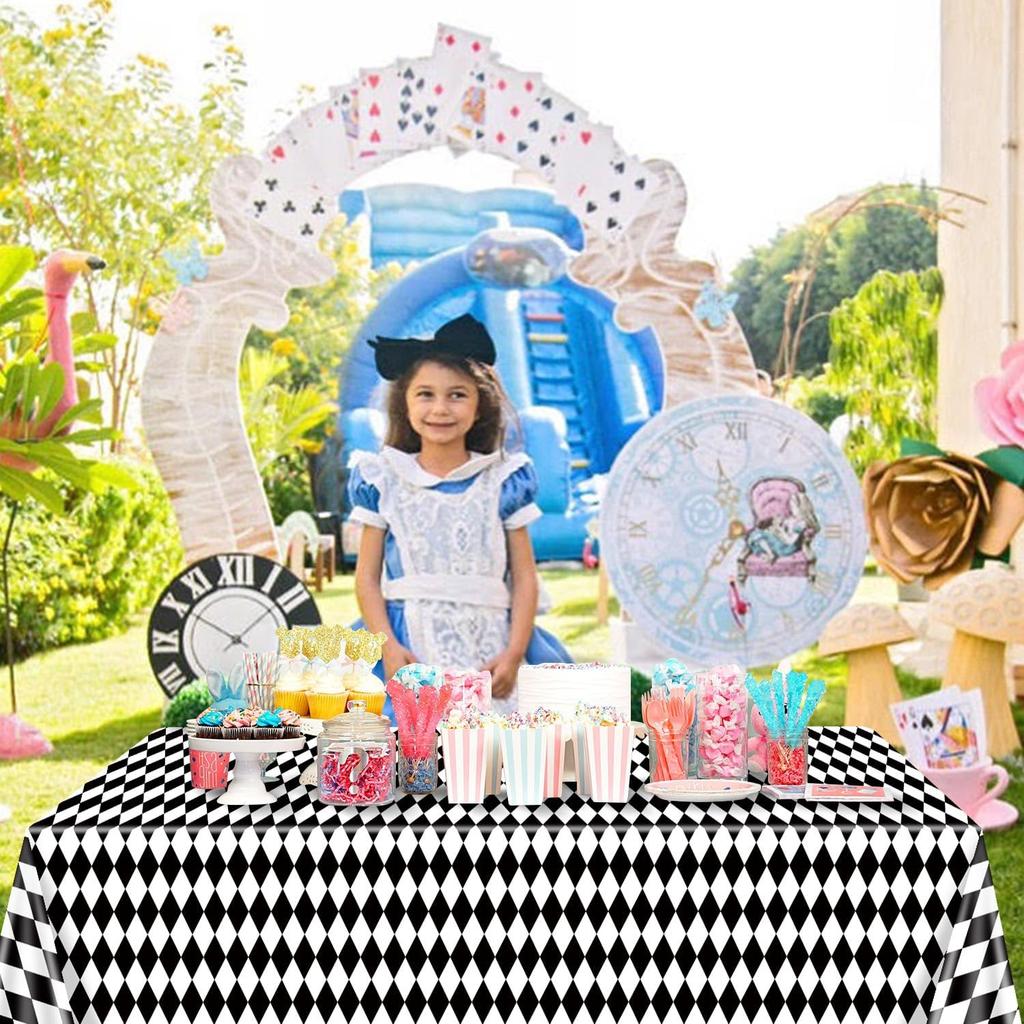 4 Pack Black and White Checkered Tablecloths, Plastic Gingham Table Cover Alice Tablecloths for Racing Theme, Halloween, Wonderland Party, Classic