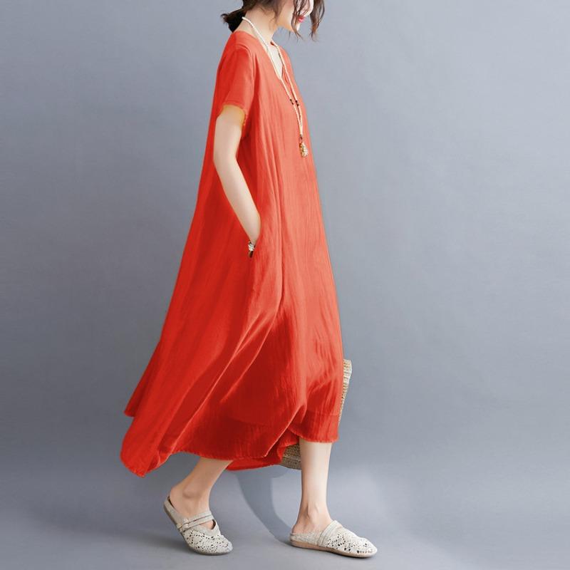 A Woman In A Solid V-neck Dress for Summer