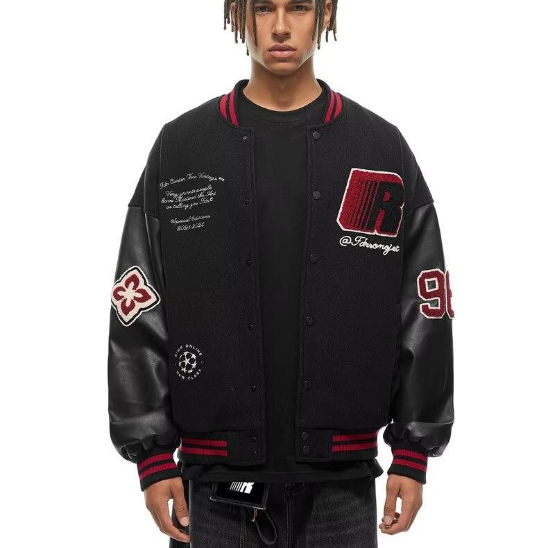 Tide Brand AC Milan Embroidered Leather-Sleeve Versatile Baseball Jacket