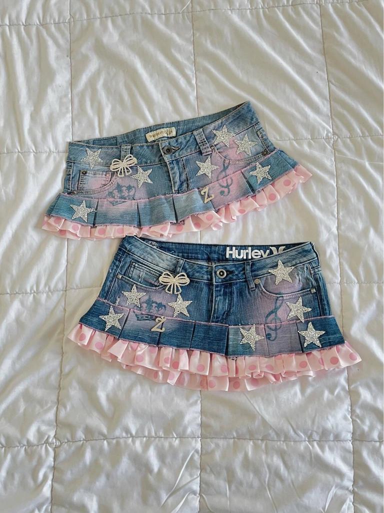 2026 Punk Streetwear Star Print Denim Collage Skirt