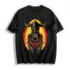 Dunkler Gehörnter Totenkopf Flammen Druck Cool Trendiges Herren Freizeit Kurzarm T-Shirt Reines Baumwoll T-Shirt