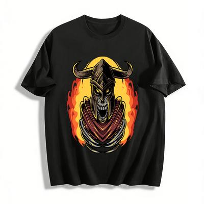 Dark Horned Skull Flame Print Cool Trendy Men's Casual Short Sleeve T-Shirt Pure Cotton T-shirt