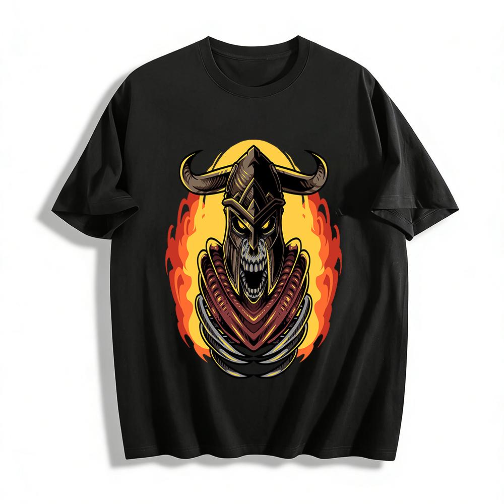 

Dark Horned Skull Flame Print Cool Trendy Men s Casual Short Sleeve T-Shirt Pure cotton T-shirt XXS