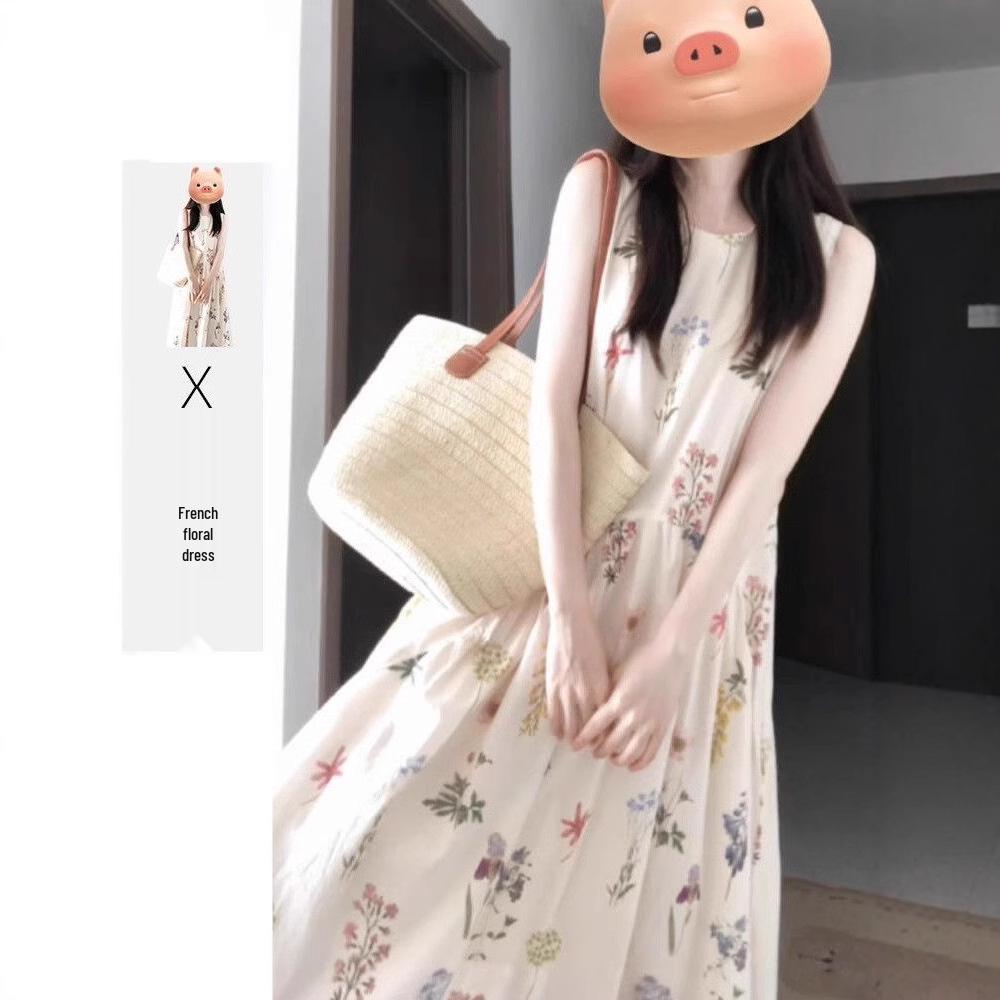 

French Floral Sleeveless Round Neck Dress - Loose, Slimming Vacation Style for Female Students Extra Large