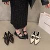 French black pointed single shoes women's shoes 2025 new spring, autumn and winter medium and high heels evening shoes Mary Jane small leather shoes