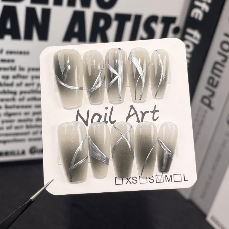 Handcrafted Press-On Nails With Matte Black Cheek Art Irregular Metallic Lines 3D Relief Design Women Extra Small