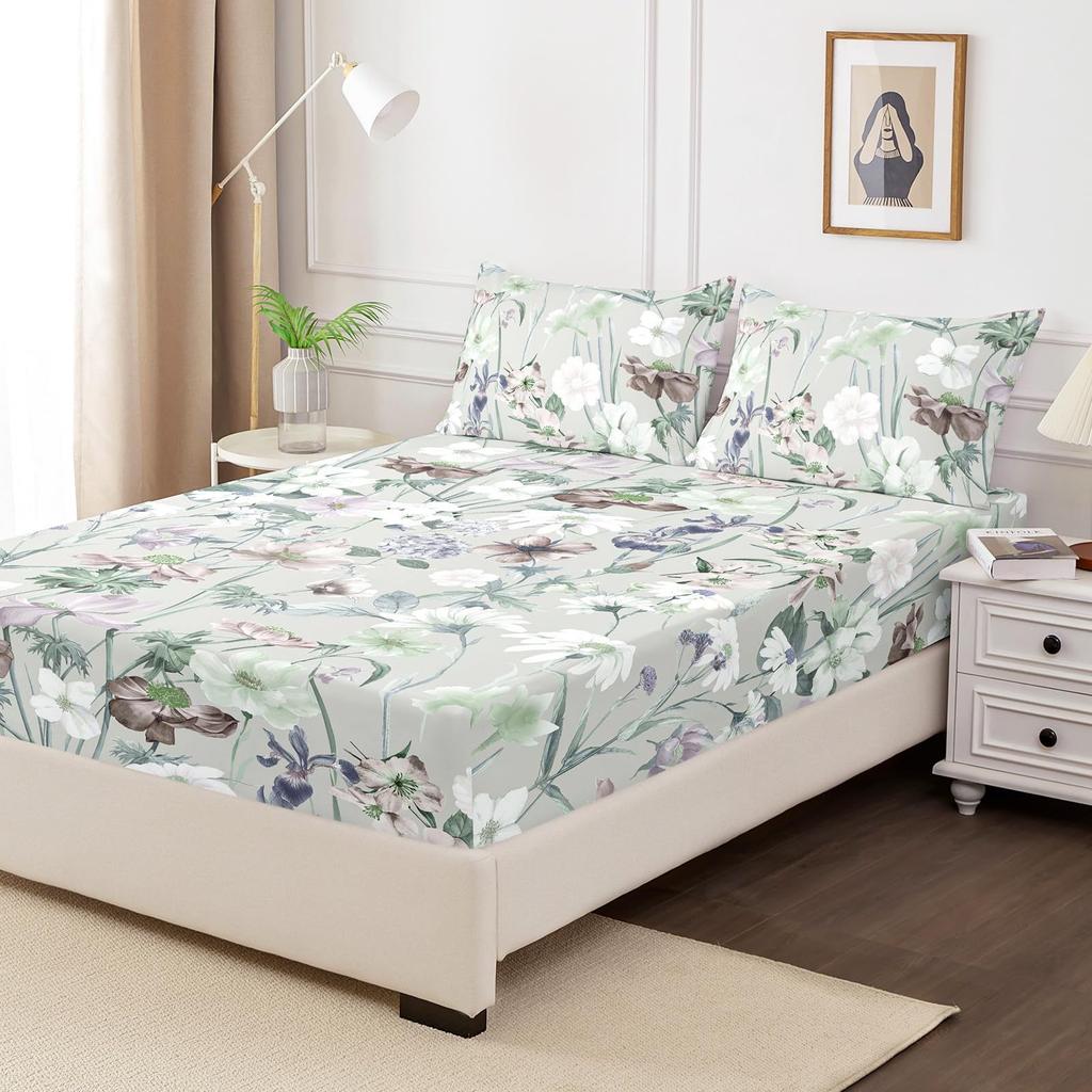 Plant Flower Pattern Bed Hat Three-Piece Digital Printing Bed Hat Bedding Set Adult Children