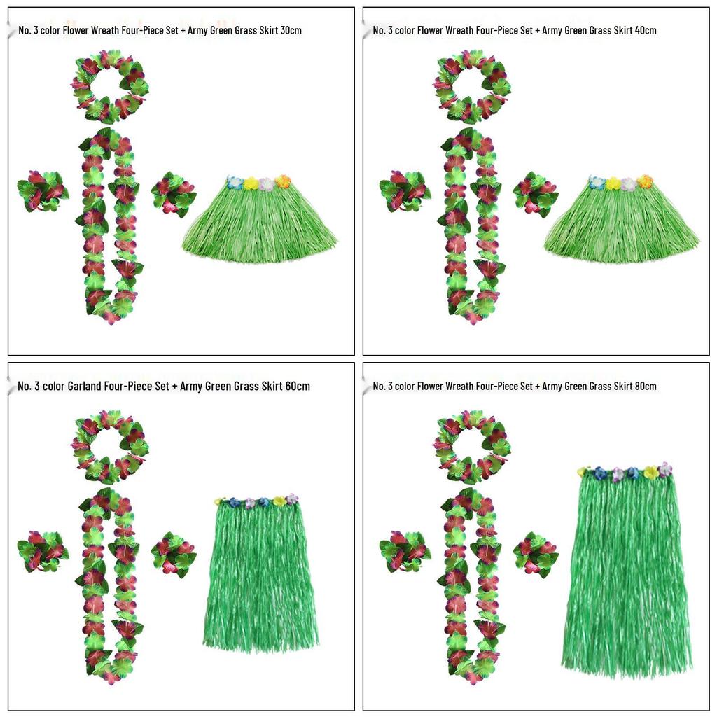 Kaifeng Summer Hawaiian Grass Skirt and Flower Garland Dance Party Set - 5 Pieces (30CM, 40CM, 60CM, 80CM)