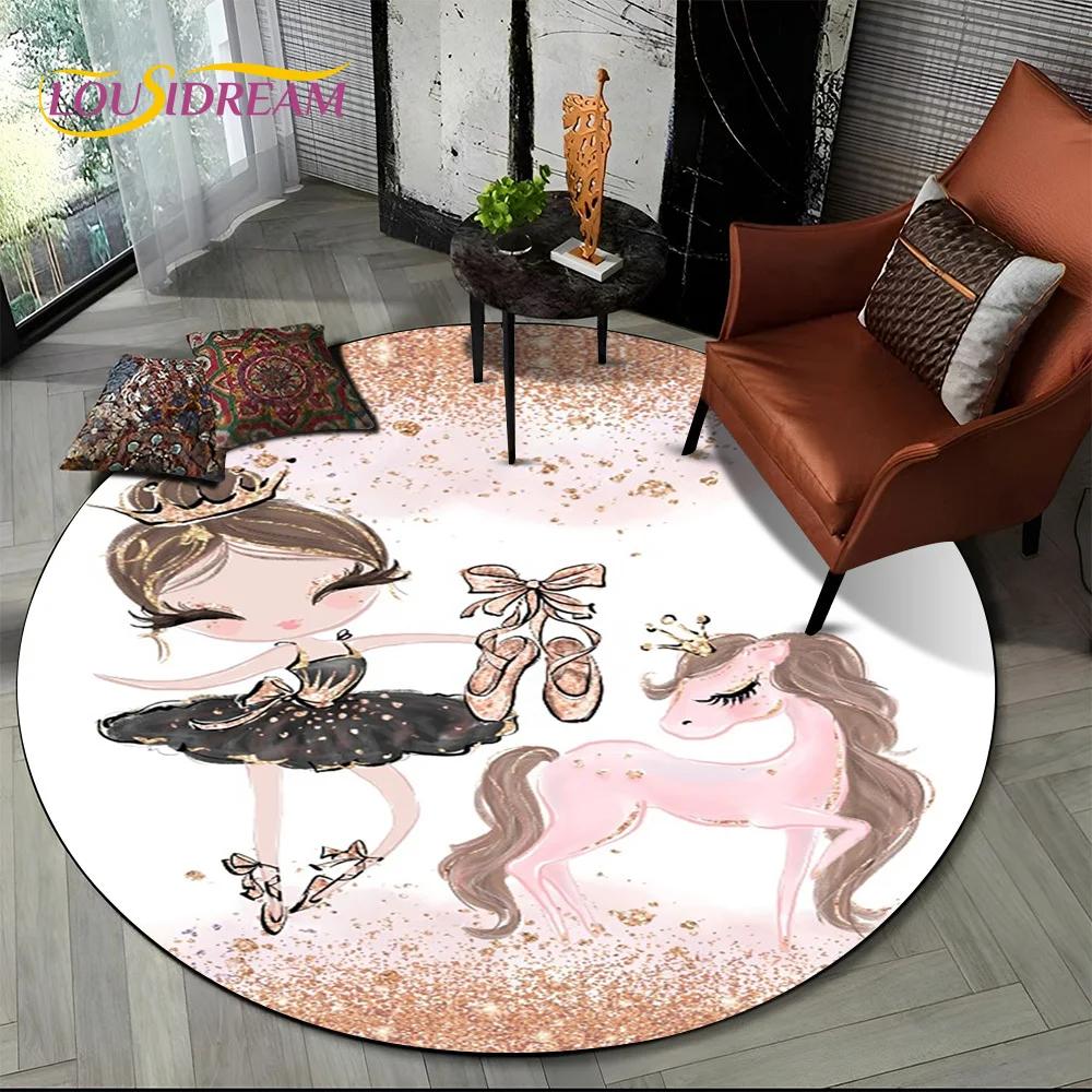 Ballet Girl Cartoon Flower Fairy Ballerina Round Carpet Rug for Living Room Bedroom Child Decor,Pet Area Rug Non-slip Floor Mat