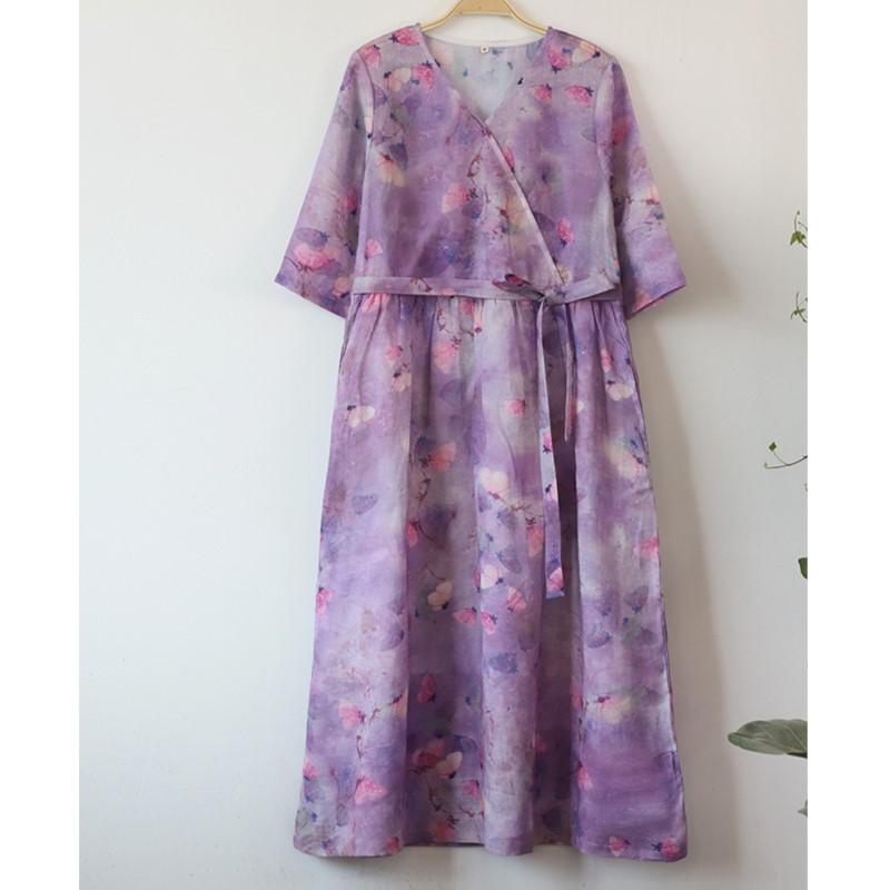 Johnature Woman Spring Fashion Casual V-Neck Chinese Style Dress Niche Vintage Style Print Dress