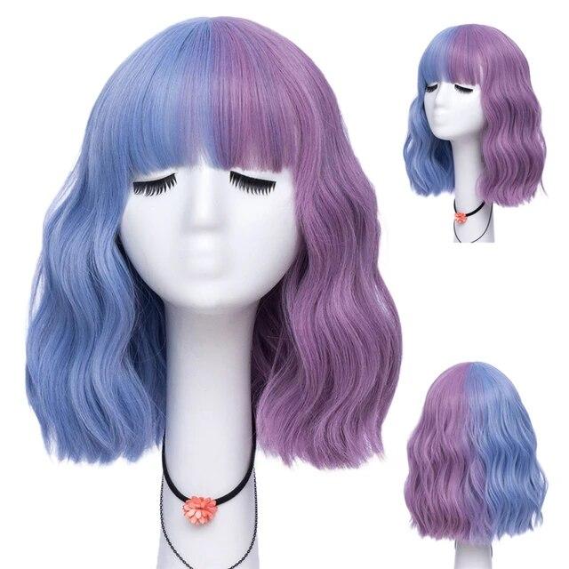 

Короткие вьющиеся синие синтетические парики Бобо для женщин, оранжевые, красные, зеленые, натуральные термостойкие волосы с челкой для девочек 14inches