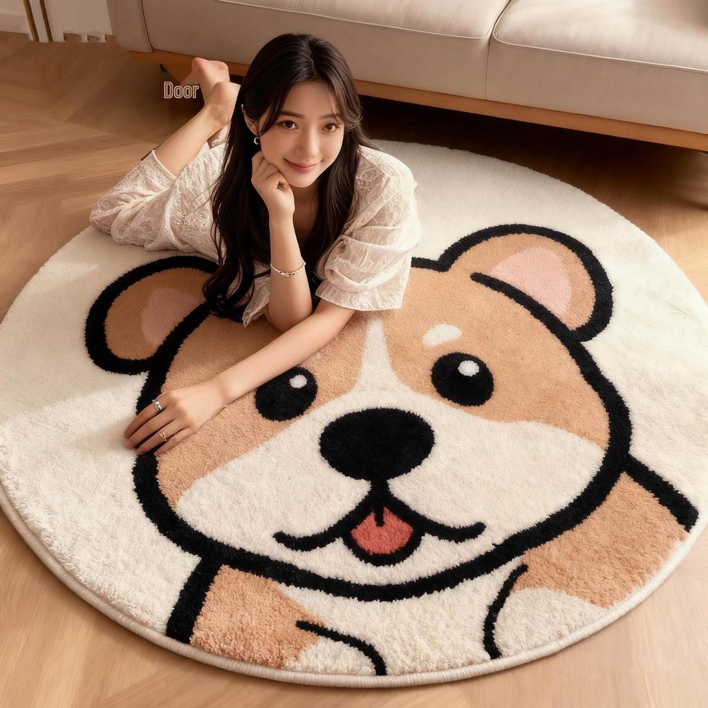 Cartoon Dog Round Non-Slip Bedside Rug - Soft Imitation Cashmere Chair Cushion