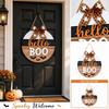 Wooden Round Halloween Door Sign Hanging Decoration Outdoor Porch Patio Party Seasonal Welcome Sign with Bow and Bat Cutouts
