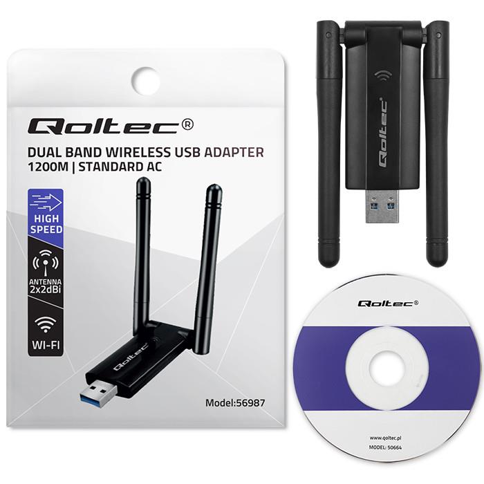 Karta Sieciowa Qoltec Bezprzewodowy Adapter USB DUAL WiFi 2 X 2dBi | Standard AC | USB 3.0 | 1200Mbps