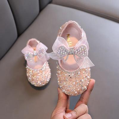 Children's Sequined Leather Shoes Girls Princess Rhinestone Bowknot Single Shoes Fashion Baby Kids Wedding Shoes