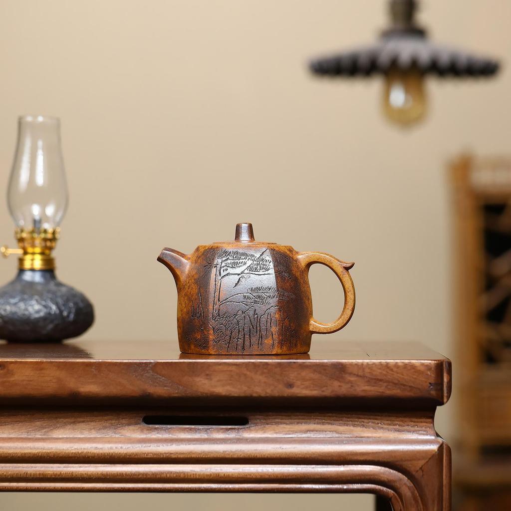 Yixing Zisha Teapot: Semi-Handmade Hexagonal Pine Carving with High Temperature Gold Sand Finish
