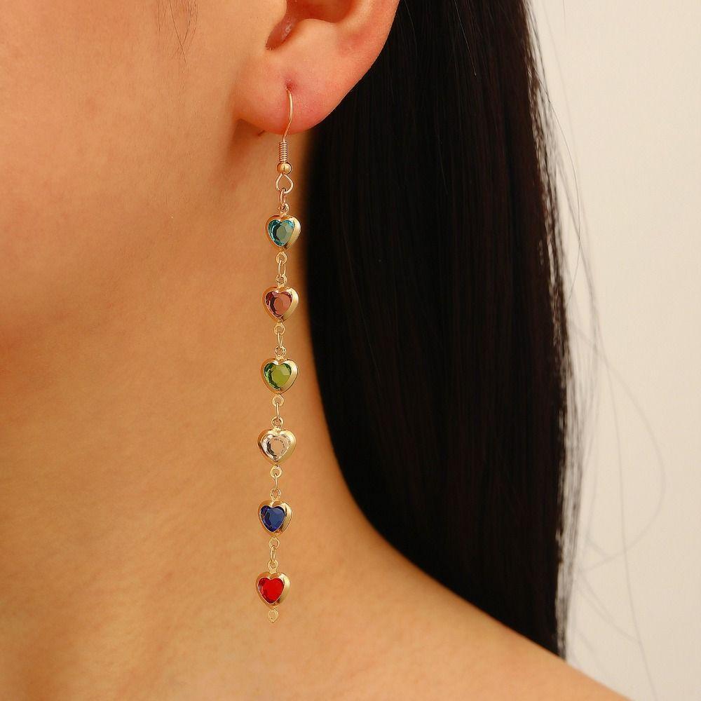 Copper Chain Rhinestone Earrings Colorful Rhinestone Long Tassel Earrings  Banquet Jewelry