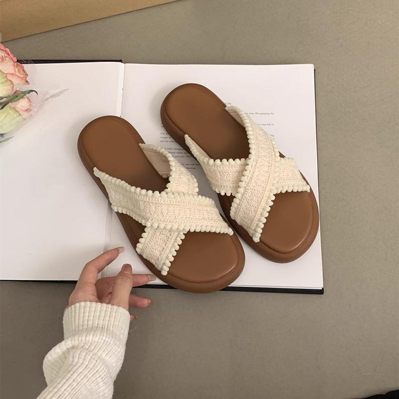 Summers Women Flat Bottom Slipper Open Toe Summer Retro Woven Cross Bohemian Style Slides Sandals Casual Outside Beach Slipper