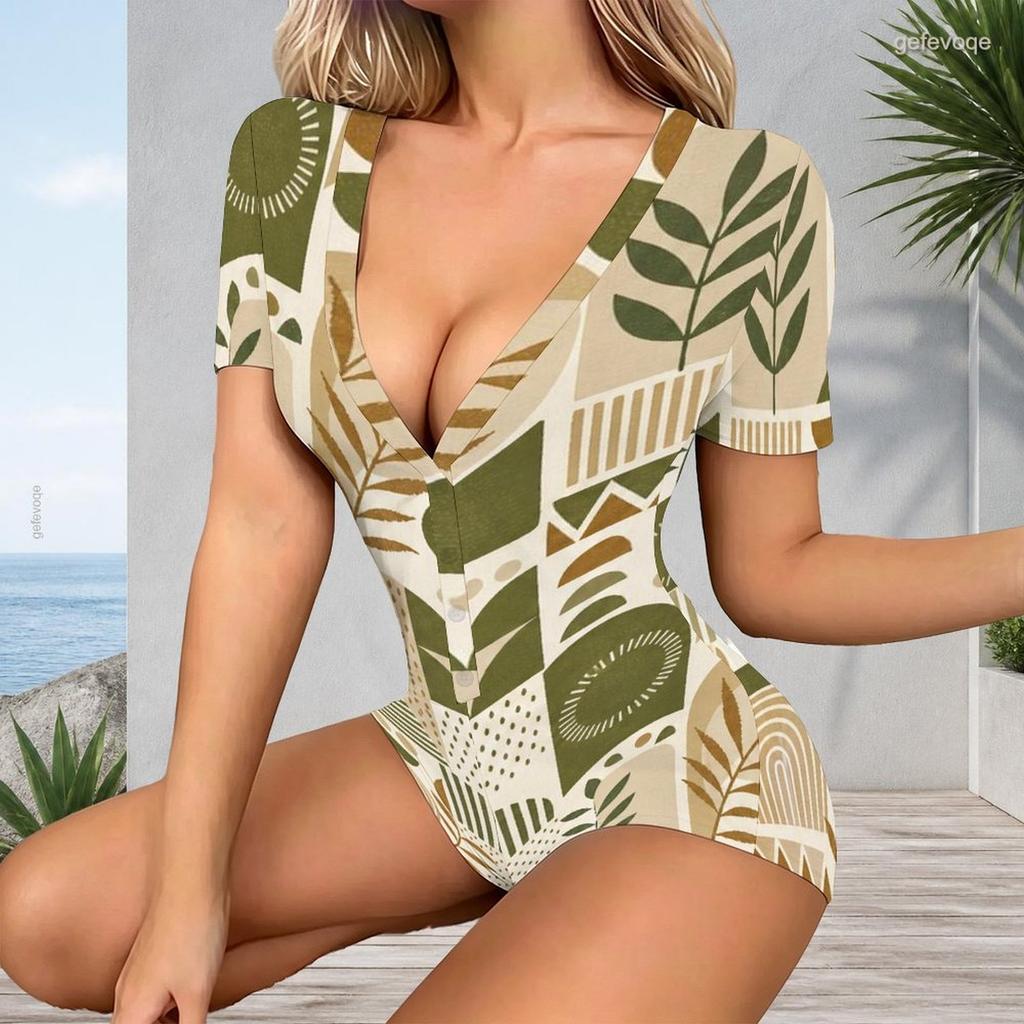 Women Plus Size Blue Green Floral Paisley Printed V Neck Short Sleeve Button Front Romper